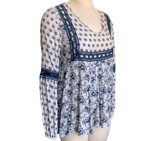 Clover + Scout M BOHO Lagenlook LS Blouse Mixed Floral Ladder Lace Trim 23G - Picture 4 of 8
